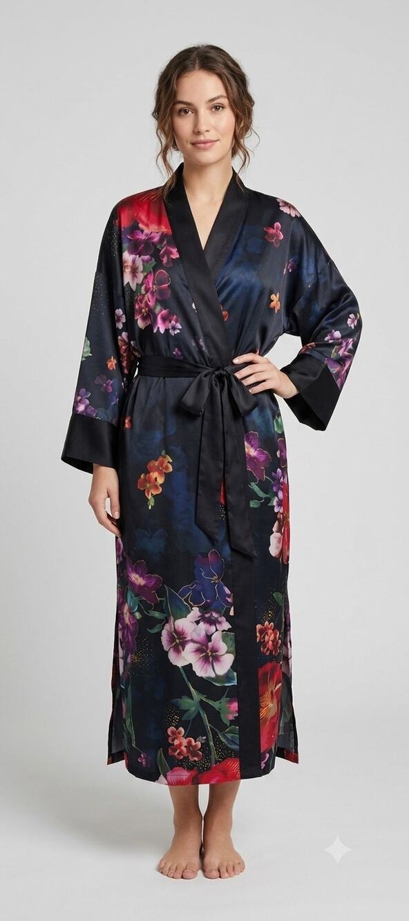 Soma Drama Blooms Grand Black Floral Long Satin Robe NWT L/XL